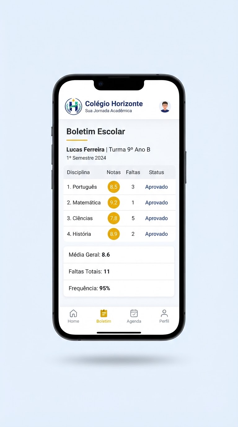 Mockup do aplicativo escolar mostrando boletim do aluno